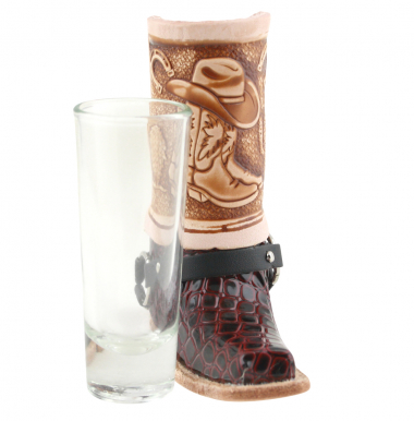 Preview: Schnapsglas im Cowboy Stiefel aus Leder – Handarbeit Mexico –Western GL14