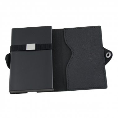 Preview: Pop-Out RFID Mini-Geldbörse Herren Leder Münzfach Kartenhalter Geldband Schwarz
