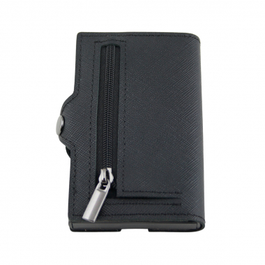 Preview: Pop-Out RFID Mini-Geldbörse Herren Leder Münzfach Kartenhalter Geldband Schwarz