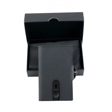 Pop-Out RFID Mini-Geldbörse Herren Leder Münzfach Kartenhalter Geldband Schwarz