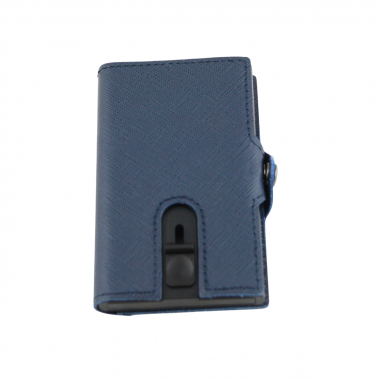 Pop-Out RFID Mini-Geldbörse Herren Leder Münzfach Kartenhalter Geldband Blau