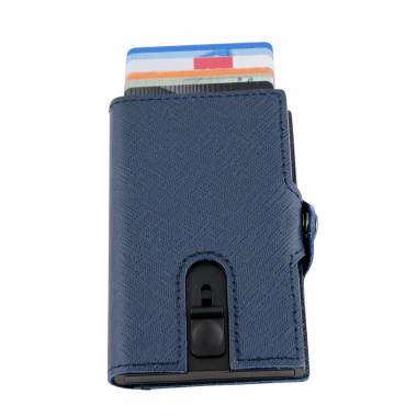 Preview: Pop-Out RFID Mini-Geldbörse Herren Leder Münzfach Kartenhalter Geldband Blau