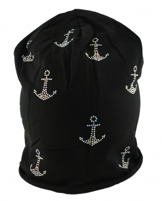 Mütze Beanie Damen Glitzer mit Strass Applikationen Anker Schwarz B08 onesize