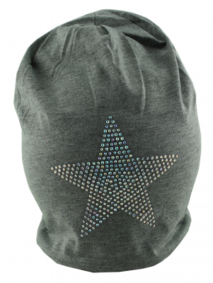 Mütze Beanie Damen Glitzer mit Strass Applikationen Stern Hellgrau B09 onesize