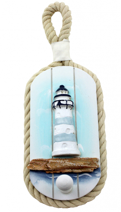 Maritimer Deko Kleider- / Handtuchhaken mit Leuchtturm aus Holz