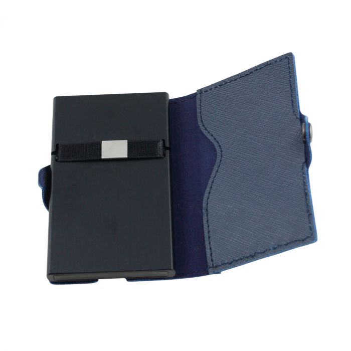 Pop-Out RFID Mini-Geldbörse Herren Leder Münzfach Kartenhalter Geldband Blau