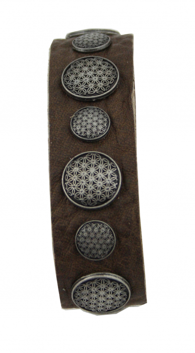 Armband Leder braun mit Motivnieten Blume des Lebens
