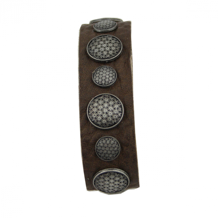 Armband Leder braun mit Motivnieten Blume des Lebens
