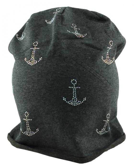 Mütze Beanie Damen Glitzer mit Strass Applikationen Anker Grau B07 onesize
