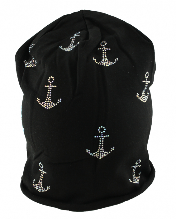 Mütze Beanie Damen Glitzer mit Strass Applikationen Anker Schwarz B08 onesize