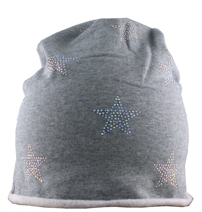 Mütze Beanie Damen Glitzer mit Strass Applikationen Stern Hellgrau B03 onesize